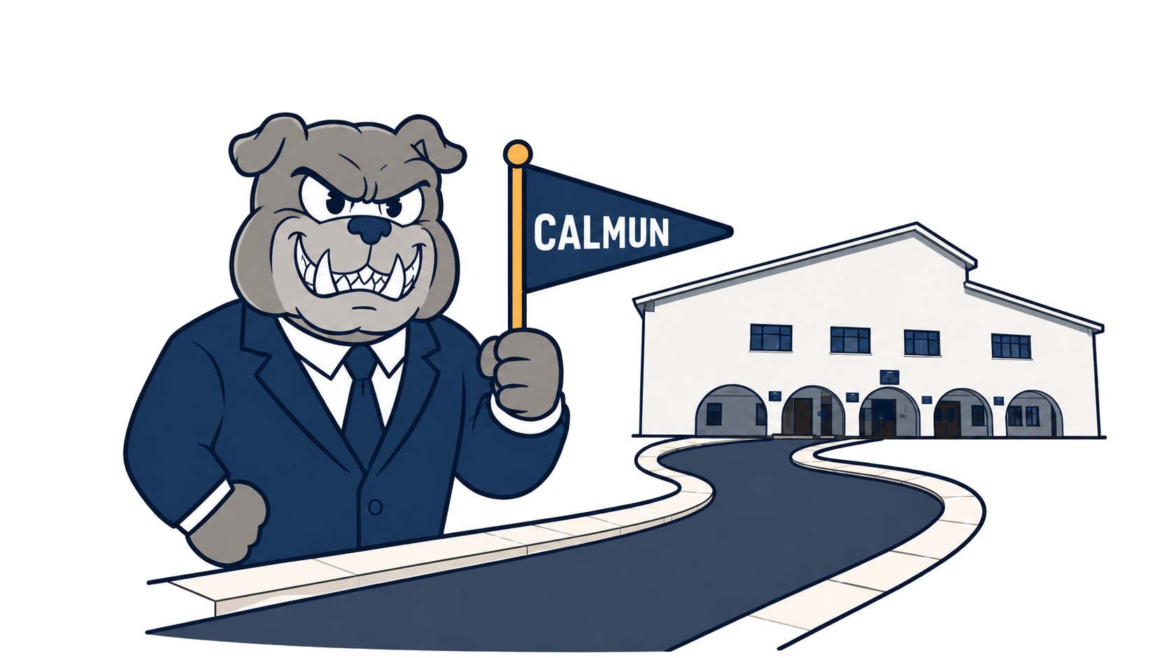 CALMUN bulldog mascot with the school and a CALMUN flag